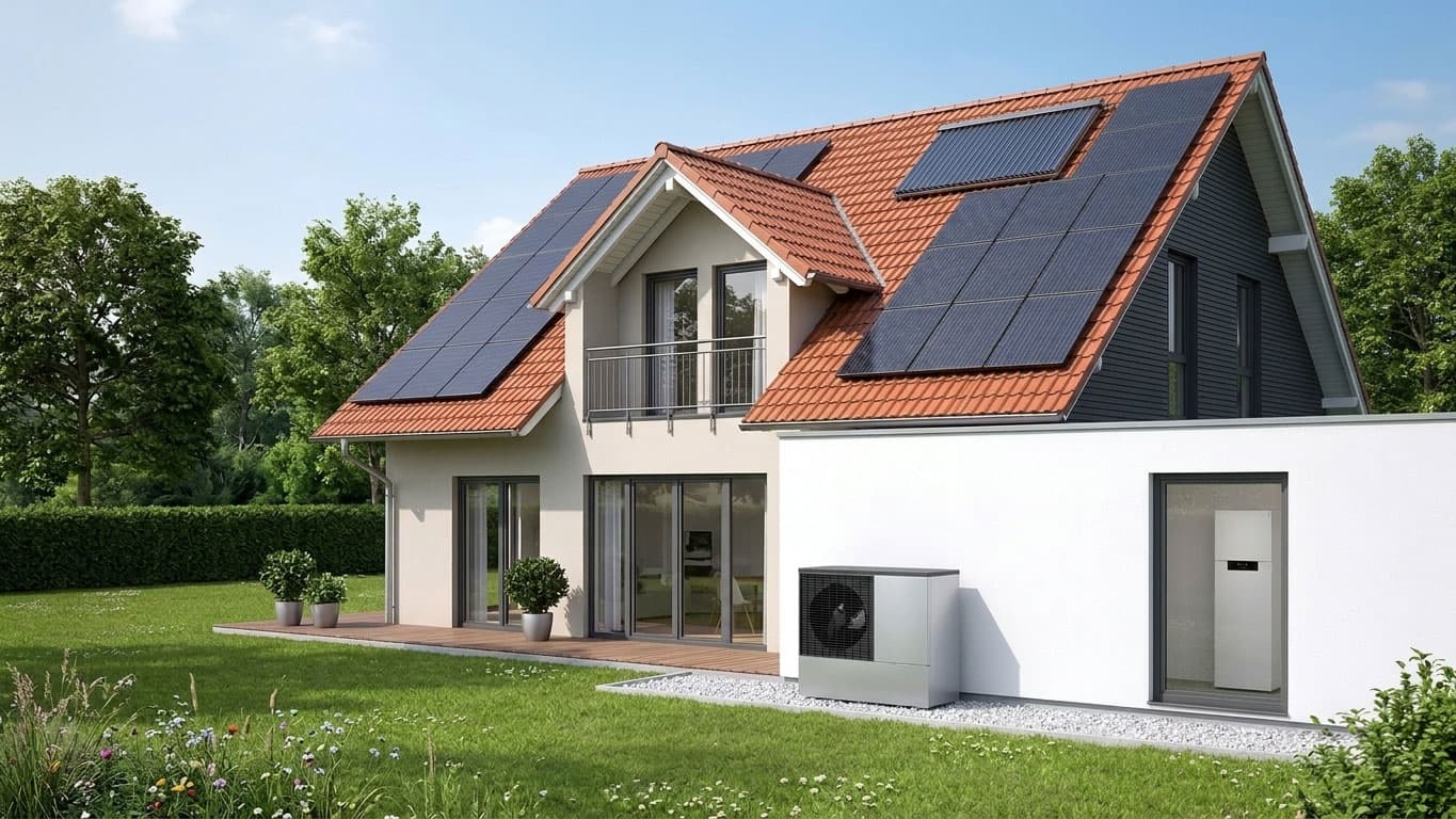 Wärmepumpe neben Hauseingang, PV-Module im Hintergrund